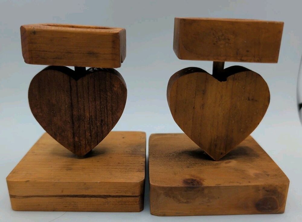 2 Vtg Heart Shaped Primitive Candleholders Wood Farm House Cottage Granny Chic